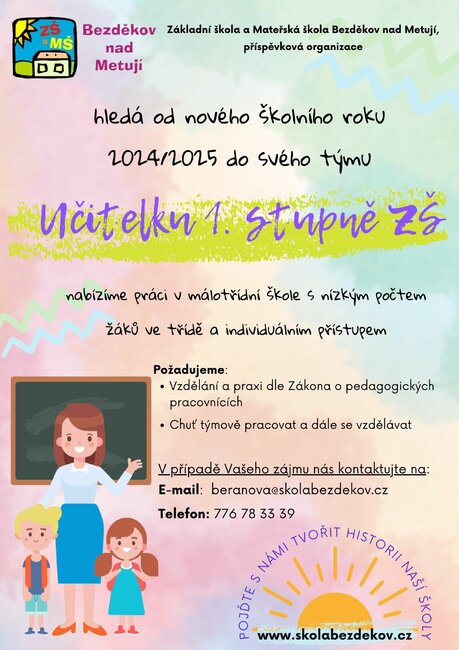 Na Bezděkově hledají učitele na 1.stupeň ZŠ