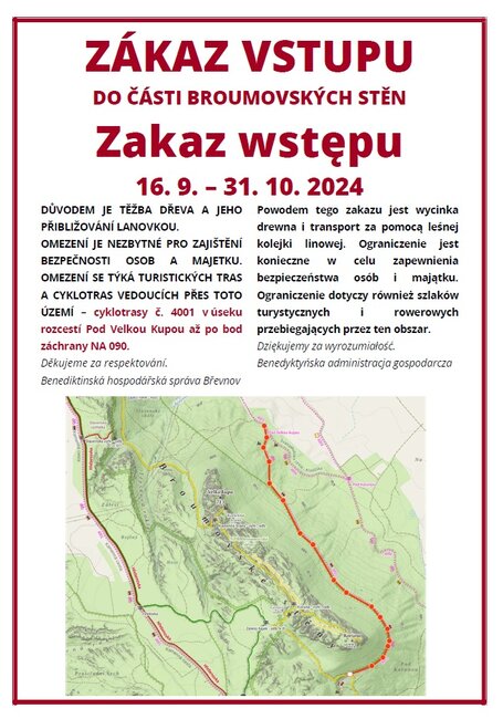 Uzavírky části cyklotrasy v úseku pod Korunou v Broumovských stěnách