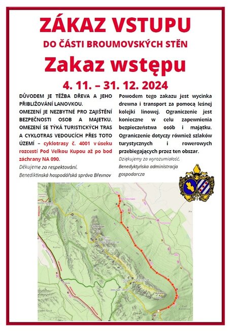 ZÁKAZ VSTUPU do části Broumovských stěn 4.11.-31.12.